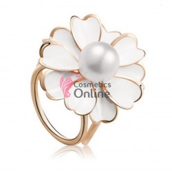 Inel elegant pentru esarfa din metal Cod PIMS007 Argintiu cu floare si perla alba